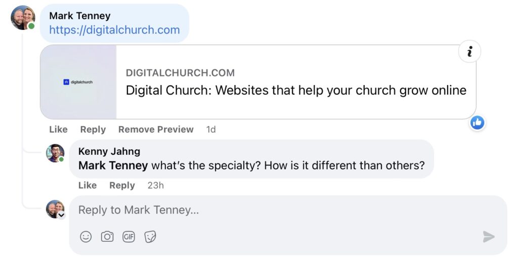 Screenshot of Facebook post where Kenny asks Mark how Digital Church is different than other church website platforms.
